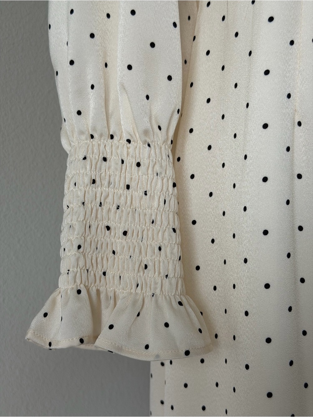 Simple Retro Mazie Long Sleeve Polka Dot Square Neck Midi Dress Lace Trim Cream - Picture 6 of 16